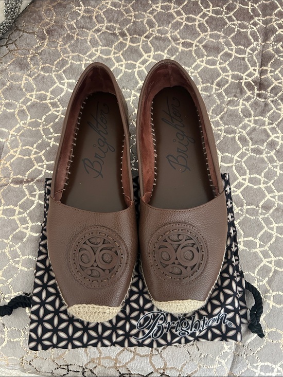 Brighton Shoes - Brighton Brown Leather Espadrille Flats with Logo Medallion